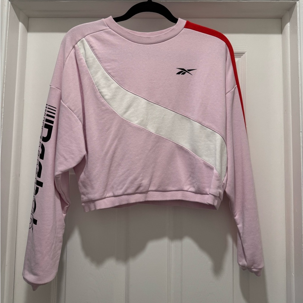 Reebok Pink Cropped Crew Sweatshirt with White Panel and Red Shoulder